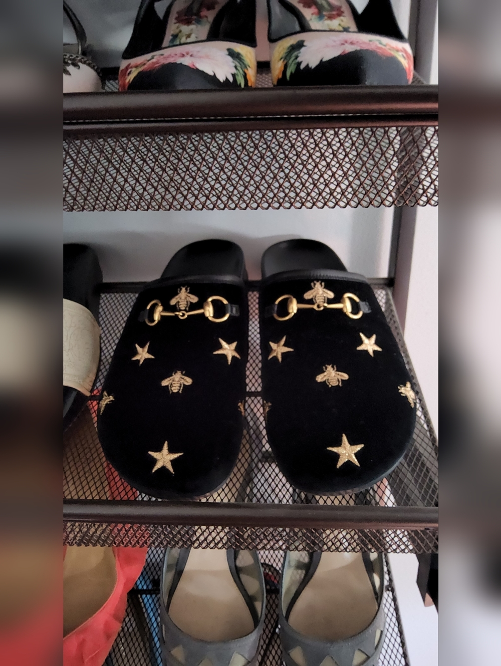 * MINT * GUCCI • Black Velvet Mules w/Gold Accents • size US 9.5